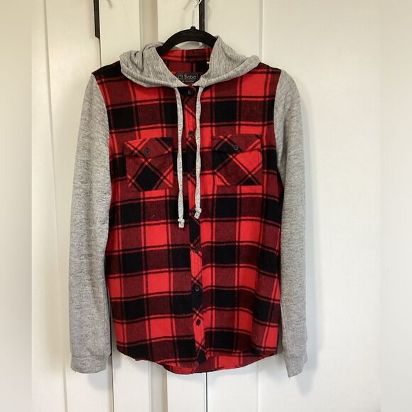 CI SONO SIZE MEDIUM RED BLACK BUFFALO PLAID HOODED SHACKET SHIRT JACKET - Picture 2 of 7
